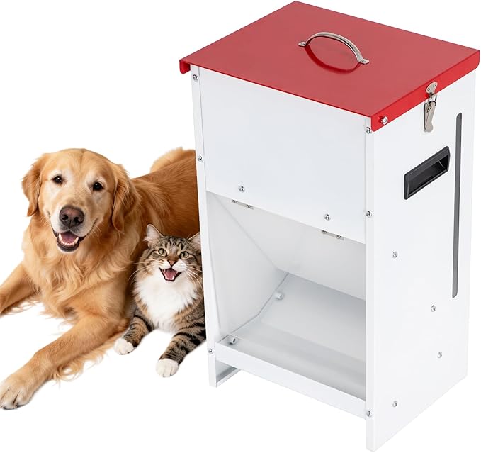 Heavy-Duty Metal Dog Feeder - 50LBS Food Capacity Automatic Gravity Dispenser, Powder Coated & Waterproof for Indoor & Outdoor Use, 16.1" L x 12.2" W x 27.8" H, Red and White