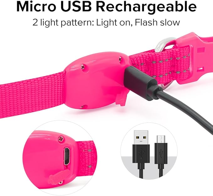 BSEEN Light Up Dog Collar, Rechargeable LED Dog Collar Glow in The Dark Cat Collar Reflective Puppy Collar Safety Dog Lights for Night Walking (Pink, XS)