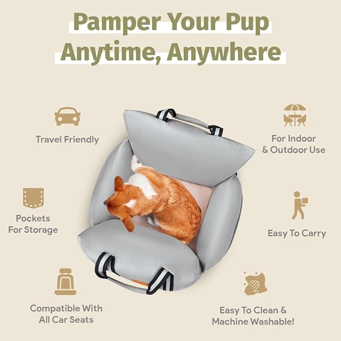 Dog Car Seat (Waterproof Booster) | Essential Travel Bed with Handles, Matching Pockets (Up to 30 Lbs) - Light Gray