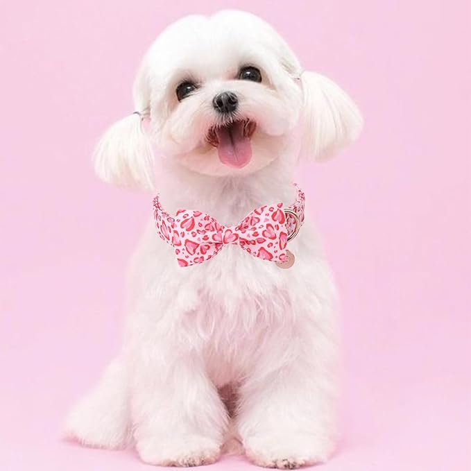 Valentine’s Day Dog Collar with Bow Tie, Pink Heart Bowtie Collar with Metal Buckle, Valentine’s Day Gift Pet Collar for Puppy Girl Boy Dog or Cat, Wedding Dog Collar,XL, Neck 16-26in