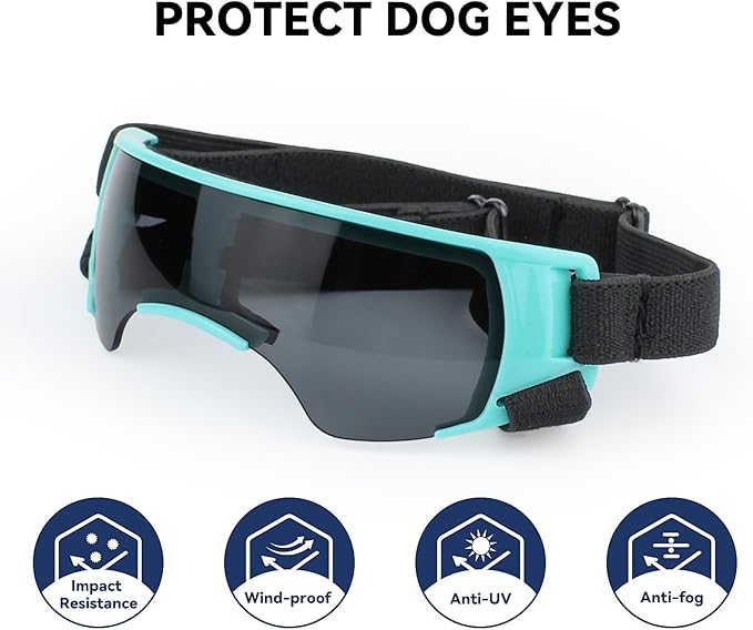 PETLESO Small Dog Goggles, Anti-UV Dog Sunglasses for Outdoor Driving Cycling Riding Hiking, Windproof Dustproof Snowproof Eye Protection, Pet Eye Wear with Adjustable Strap, Bule