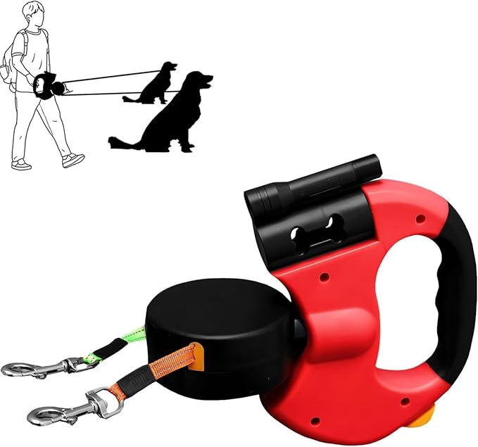 Dual Dog Retractable Leash (Under 25 lbs) – 360° Rotating Double Leash with Flashlight & Poop Bag Holder, Hands-Free Walking Accessory for Small Dogs