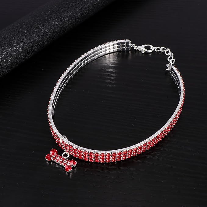 TOYANDONA Rhinestone Pet Dog Collar Crystal Necklace with Bone Pendant Adjustable Buckle Red Large Size Luxury Pet Supplies for Dogs