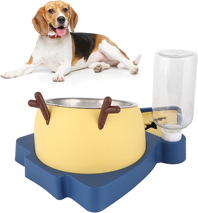 Generic Pet Food Feeder Automatic Water Dispensers Set Detachable Stainless Steel Bowl Small Medium Pets Easy Clean Safe Material (Yellow and Blue)