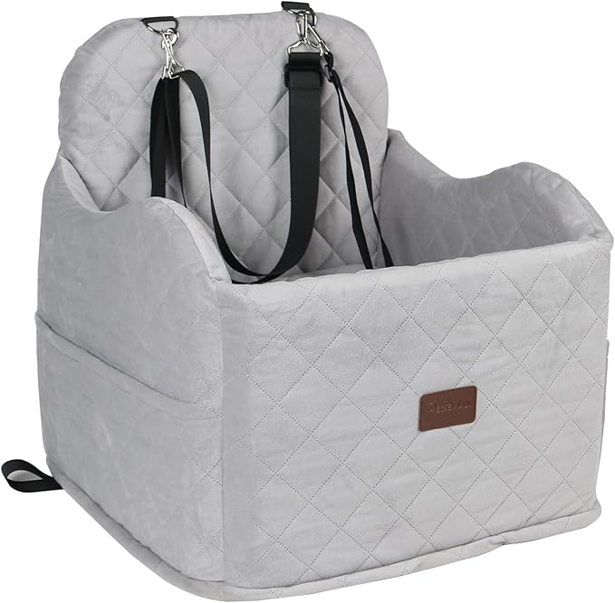 Juniverse Dog Booster Car Seat for Small to Medium Dogs Up to 30 lbs, Memory Foam, Washable Velvet Fabric Cover, Safety Leash, Storage Pockets, 19x19x19 Inches (Gray)