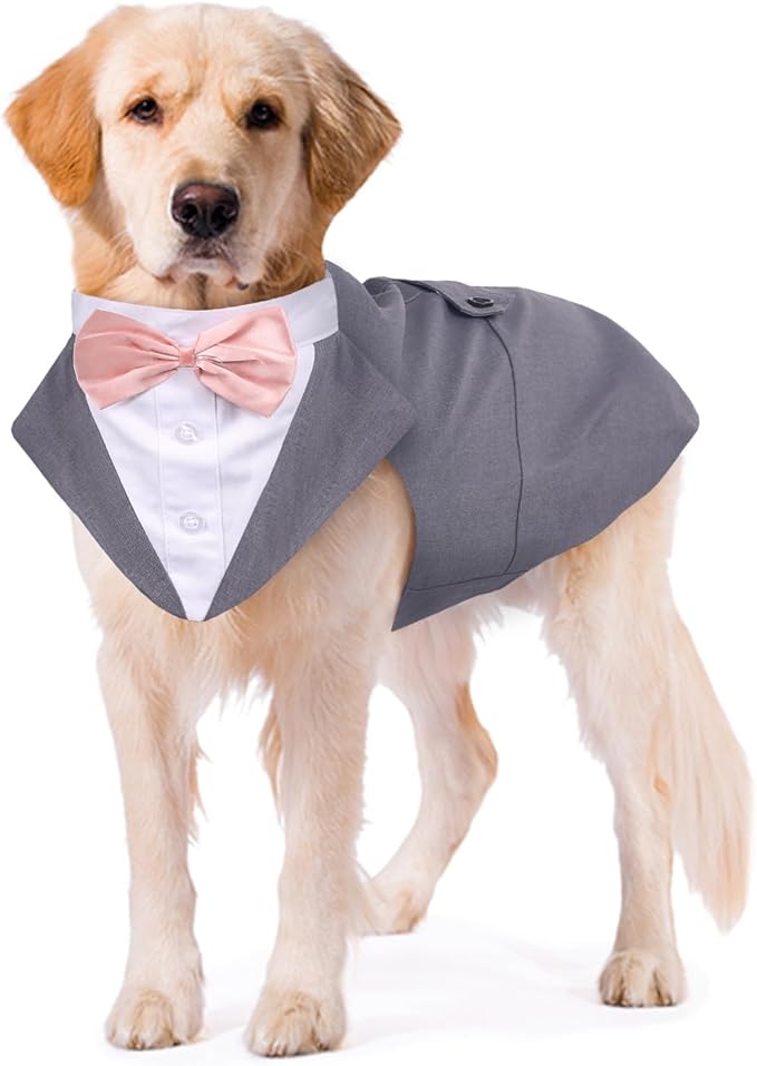 Kuoser Dog Tuxedo Dog Suit and Bandana Set, Dogs Tuxedo Wedding Party Suit, Doggy Prince Bow Tie Shirt Formal Pet Wedding Attire for Large Medium and Small Dogs Golden Retriever Samo Bulldogs