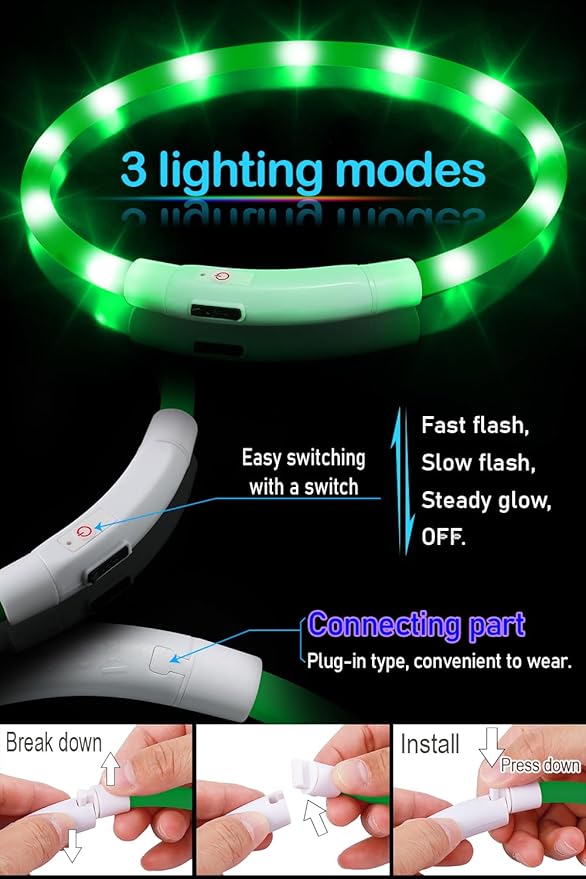 Waterproof LED Dog Collar USB Rechargeable Light Up Dog Collars Lights for Night Walking Lighted Safety Training & Behavior Aids for Small Medium to Large Dogs