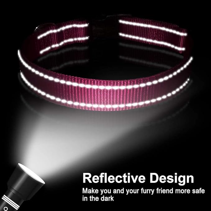FunTags Reflective Dog Collar, Sturdy Nylon Collars for Small Girl and Boy Dogs, Adjustable Dog Collar with Quick Release Buckle, Pink
