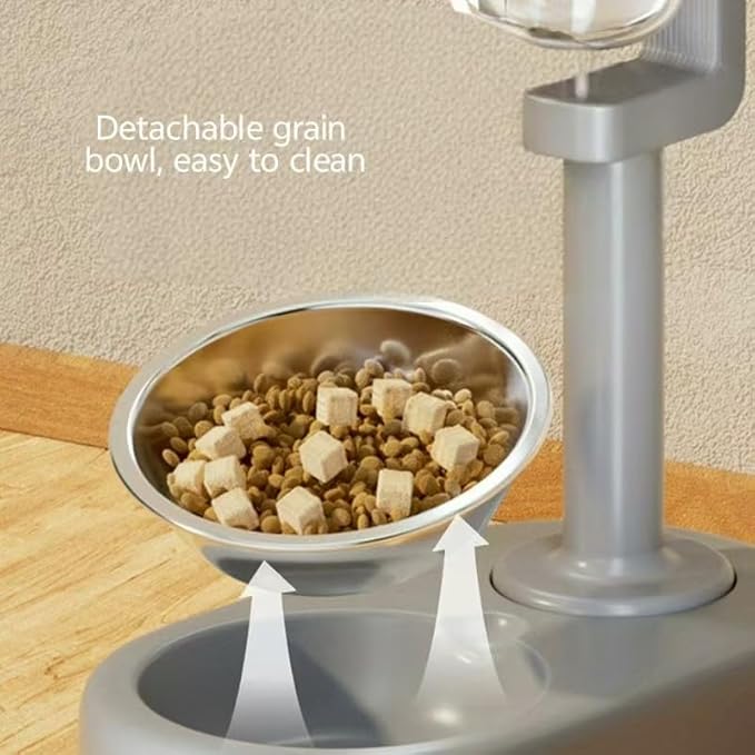 Integrated pet Water Dispenser, Automatic Ball Water Dispenser, Water Dispenser for Cats and Dogs After Licking, Adjustable Height, Suitable for Both Cats and Dogs, Stainless Steel Bowl, Gray Version