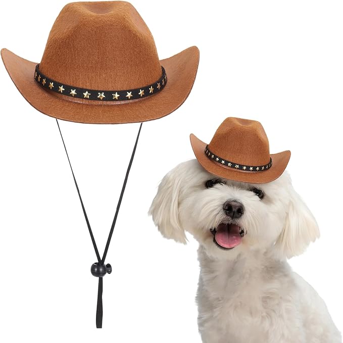 Dog Cowboy Hat, Mini Cowboy Hat for Pet with Chin Strap Adjustable Cosplay Cap, (Brown, L), Intended for Dogs and Cats/Halloween Costume/Party Decoration
