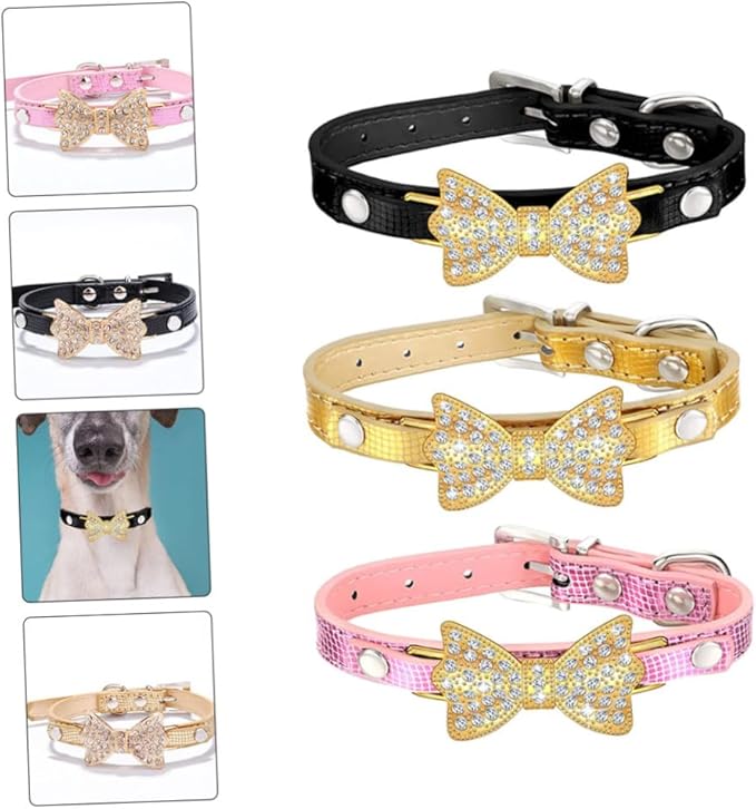 ERINGOGO 3Pcs PU Rhinestone Bowknot Pet Collar Set Small Size Mixed Colors Decorative Bow Pet Neck Collar for Dogs and Cats for Daily Wear