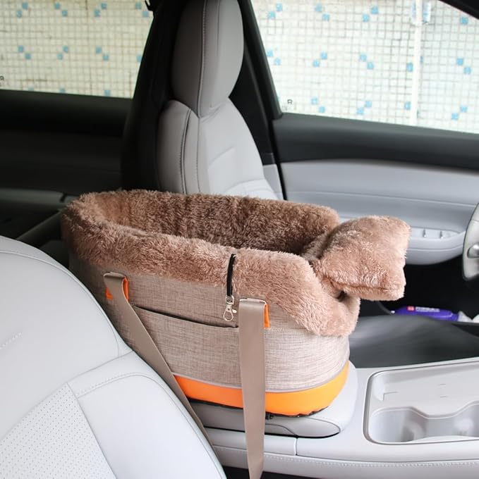 Pet Car Center Console Elevated Armrest Car Seat for Small Puppies, Dogs & Cats (Up to 10 lbs) – Khaki Washable Plush Carrier with Safety Leash, Fits Front Vehicle Console Space