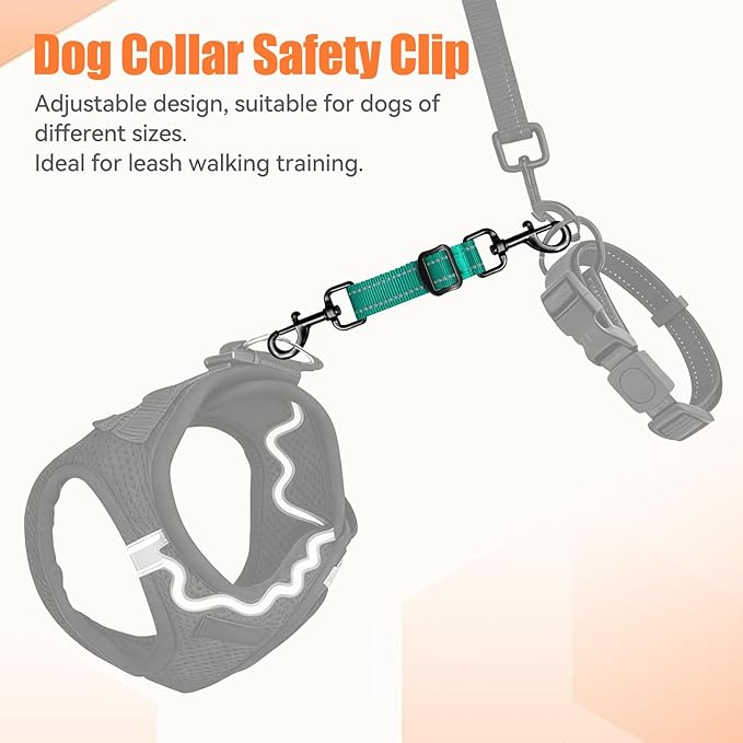 Dog Collar Safety Clip, Adjustable Backup Safety Strap, Double-Ended Leash Connector, High Reflectivity, Suitable for Dog Harnesses to Collar Safety Clips (Turquoise)