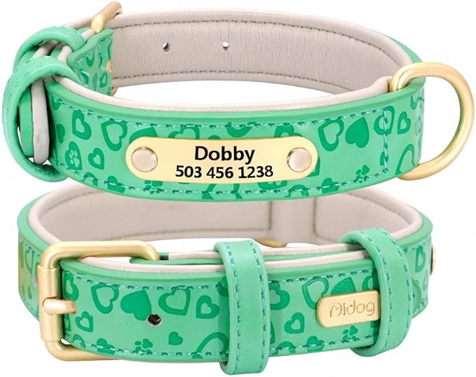 Personalized Dog Collar Soft Leather Custom Puppy Collar Printed Pitbull Collars Pets Products for Small Medium Large Dog Emerald S