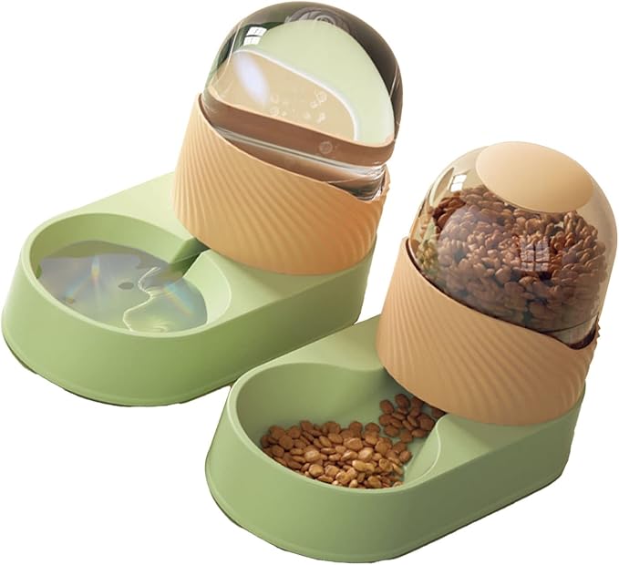 Automatic Cat Feeder and Water Dispenser,Pet Food Feeder and Waterer Set Pets Cats Dogs Automatic Waterer and Food Feeder for Small Medium Cats Dogs Big Capacity (Green Orange)