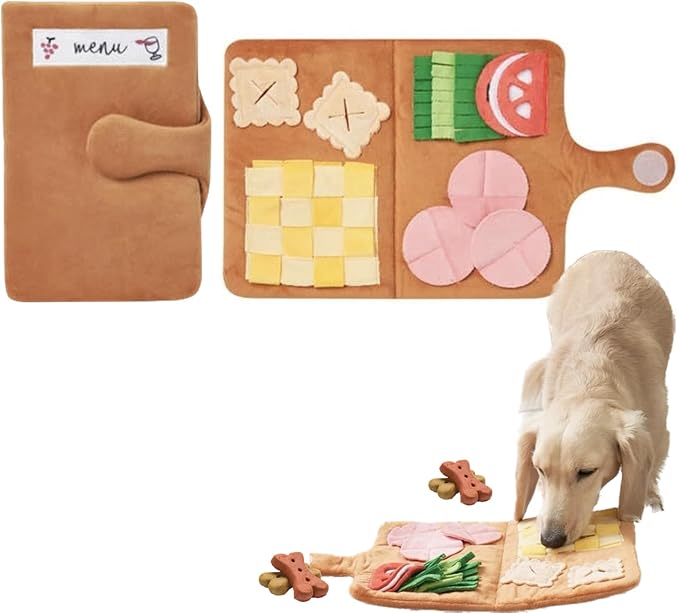 LilRoot Hide and Seek Plush Snuffle Mat Dog Toys Food Mat Nose Work Enrichment Toys Interactive Burrow Activity Cute Dog Funny Toys for Small Medium Dogs (Menu Snuffle Mat)