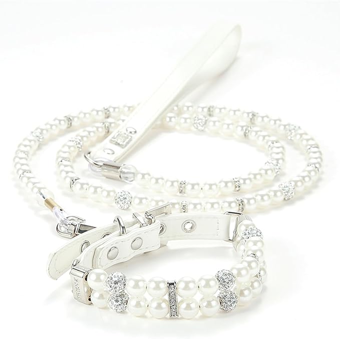 White Beaded Dog Collars, Pearl Cat Collar Leash Set Pu Leather Puppy Necklace with Crystal Rhinestone Diamond for Girl Kitten XXSmall Small Medium Female Dogs Jewelry Wedding & Birthday Party, M