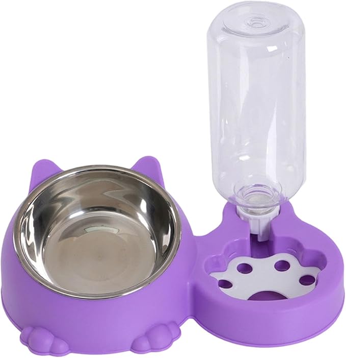 Dog Bowl with Automatic Water Bottle Practical Pets Water and Food Bowl Set for Small Medium Dogs Puppy- Violet