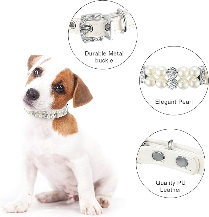 White Pearl Dog Collars, Beaded Cat Collar Leash Set Pu Leather Puppy Necklace with Crystal Rhinestone Diamond for Girl Kitten XXSmall Small Medium Female Dogs Jewelry Wedding & Birthday Party, S