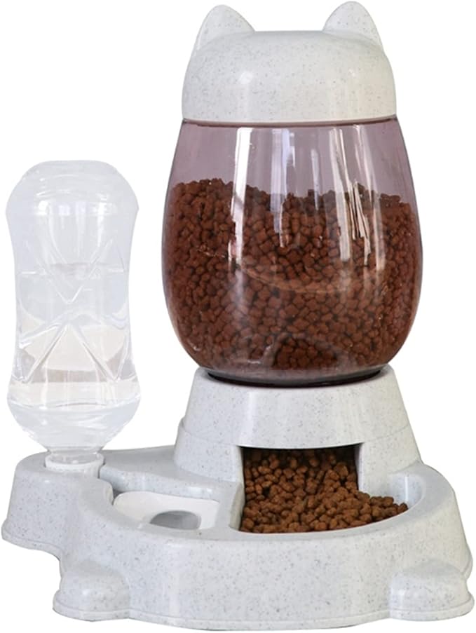 Automatic Cat Feeder Pet Dog Food Storage Bowl Water Dispenser Set Cute Automatical Dog Cat Feeder with Water Bottle, Water Dispenser Pet Water Food Dish for Cats,Puppy, Rabbit Grey Color
