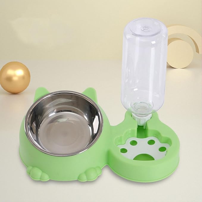 Dog Bowl with Automatic Water Bottle Practical Pets Water and Food Bowl Set for Small Medium Dogs Puppy- Green