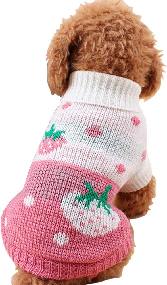 CHBORCHICEN Pet Dog Sweaters Classic Knitwear Turtleneck Winter Warm Puppy Clothing Cute Strawberry and Heart Doggie Sweater (Pink, X-Small)
