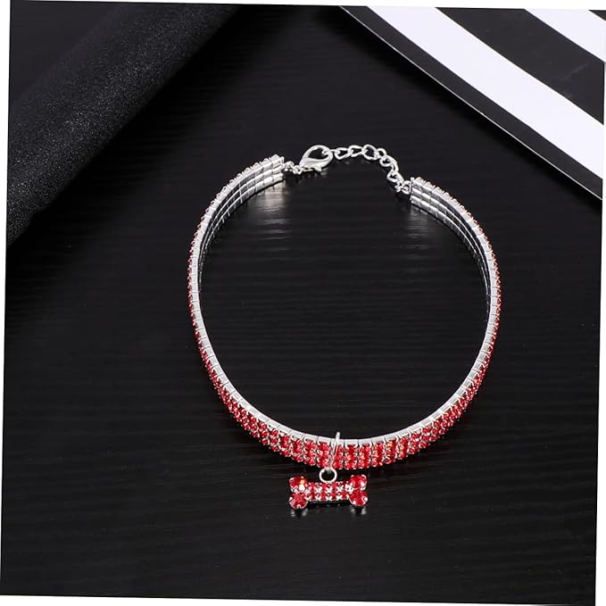 Adjustable Rhinestone Pet Dog Collar Shining Bone Pendant Luxury Necklace Red Comfortable Fit for Walking Outdoor Sports