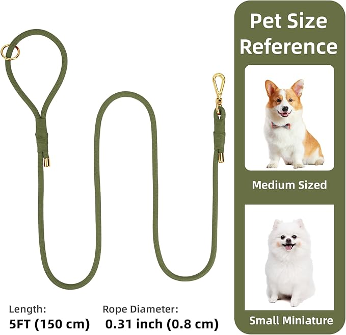 Durable Handwoven Dog Leash for Small & Medium Dogs, 5/16 inch Rope Lead with Anti-Tangle Swivel Clip, Soft & Lightweight, 5FT Long – Ideal for Daily Walking & Training (Misty Green)