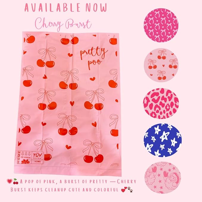 Pretty Dog Poop Bags - 150 Count, Certified Home Compostable, Leakproof, Extra Thick, Tear Resistant, Pink, Vanilla Scented, Cherry Burst