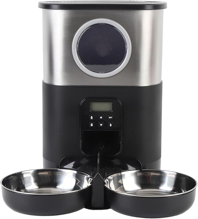 Automatic Pet Feeder, 5L Large Capacity Automatic Timed Cat Feeders with Visable Window Quantitative Feeding Stainless Steel 2 Bowls Dog Food Dispenser for Cats Dogs (Black)