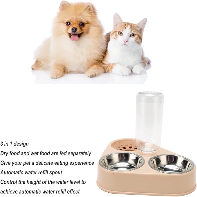 Triple Cat Bowl, Pet Water and Food Bowl Set, Prevent Spill Automatic Water Dispenser Bottle, Detachable Stainless Steel Pet Feeder for Cat, Dog, Puppy, Rabbit, Bunny
