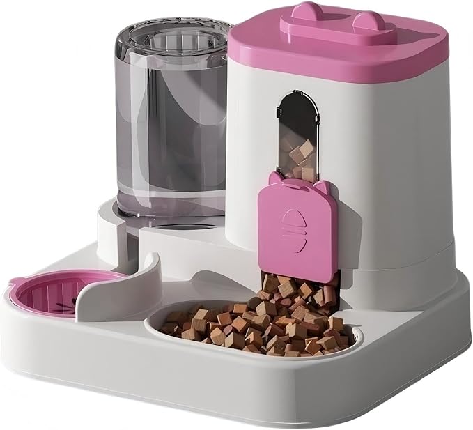 Automatic Pet Feeder and Water Dispenser, 2-in-1 Food and Water Station, Beige, Gravity Fed with Storage Container (Pink)