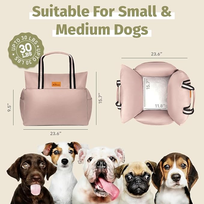 Pet Carrier & Booster Seat for Small & Medium Dogs Up to 30 Lbs | Waterproof, Easy to Carry Dog Car Bed with Handles & Storage, Pink