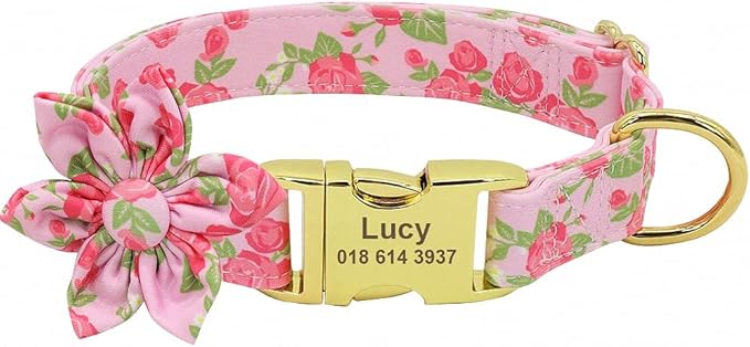 Flower Custom Dog Collar Leash Floral Printed Nylon Pet Dog Collars Lead Personalized Puppy Collars for Small Medium Large Dog 151 Pink L