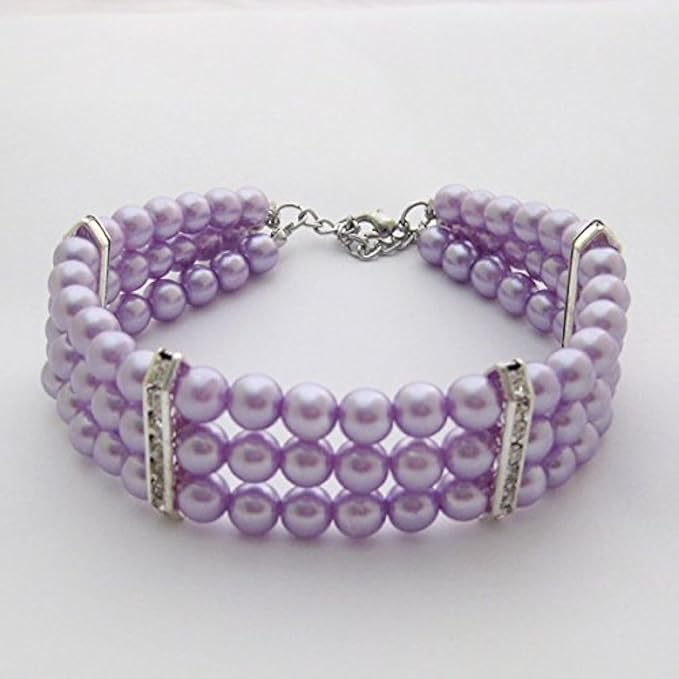 Fancy 3 Row Pearls Diamond Dog Necklace Collar Jewelry with Bling Rhinestones for Pets Cats Small Dogs Girl Teacup Chihuahua Yorkie Clothes Costume Outfits (Purple, 12 to 14-Inch)