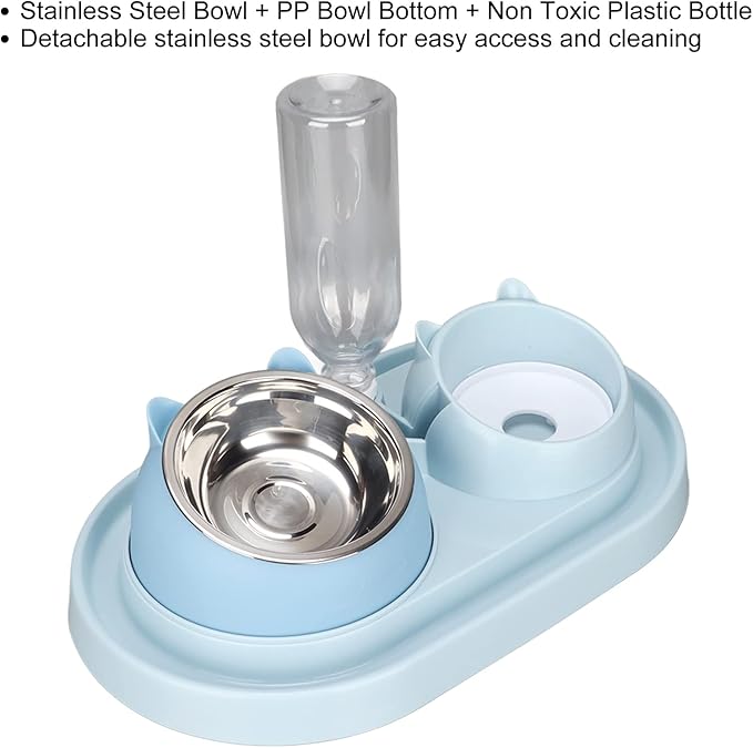 Double Dog Cat Bowls, Raised Pets Food and Water Bowl Set with Automatic Water Dispenser Bottle, Detachable Stainless Steel Bowl Pet Feeder for Small Medium Dogs and Cats Puppy