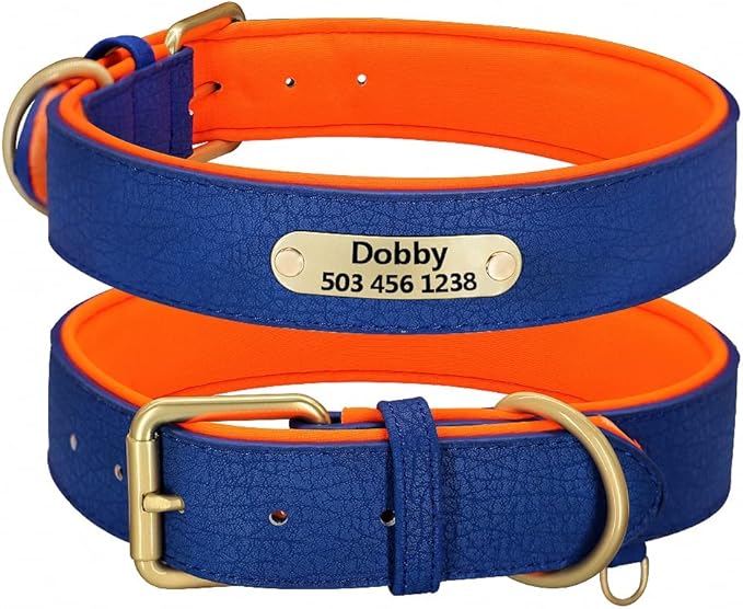 Personalized Dog Collar Custom Leather Dog Collars Soft Inner Padded Pet ID Collar for Small Medium Large Dogs Pitbull Bulldog Blue XXL