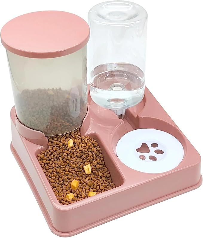 Automatic Cat Feeder and Water Feeder Set - 2 in 1 Tilted Stress Pet Food and Water Feeder for Cats and Small Dogs(Pink)