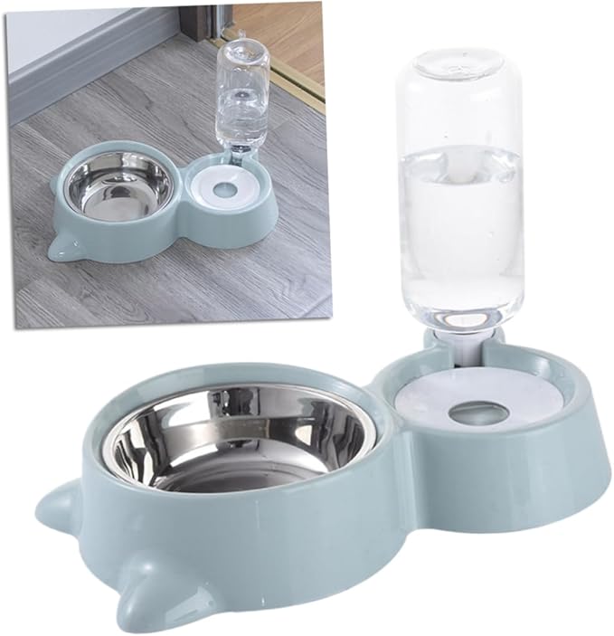 Pet Dual Water and Food Feeder Bowl for Cats and Dogs Blue Convenient Automatic Drinking and Feeding Non-Skid Design Smooth Surface for Home Decor