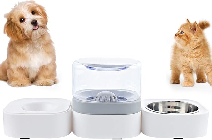 2 in 1 Pet Automatic Water Dispenser and Food Bowl Set, Durable & Detachable Stainless Steel Feeder Bowl,No-Spill Self-Dispensing Gravity Waterer for Small Dogs and Cats1.8L