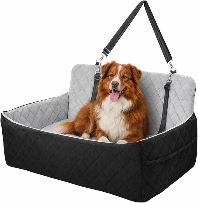 Dog Car Seat for Large Dogs Up to 55 lbs, Pet Booster Seat with Memory Foam, Non-Slip Washable Dog Car Bed with 2 Safety Leashes & Storage Pockets for SUV & Sedan