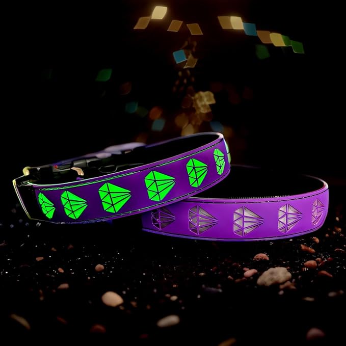 LED Dog Collar with Diamond Pattern, 15 Light Modes, with Bonus Pet ID Tag and Bell (Purple, M(11.8-15.7"))