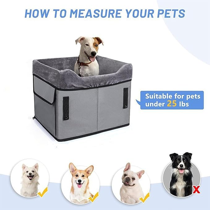 Dog Car Seat, Comfortable Safe Travel, 39.4x36.8x33cm, Portable Washable Plush Booster Bed, Pet Car Seat with Storage Pockets, Easy to Use, for Dogs Under 25 Lbs