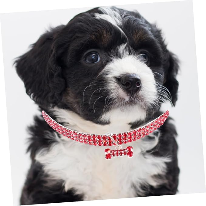 Adjustable Rhinestone Pet Dog Collar Shining Bone Pendant Luxury Necklace Red Comfortable Fit for Walking Outdoor Sports