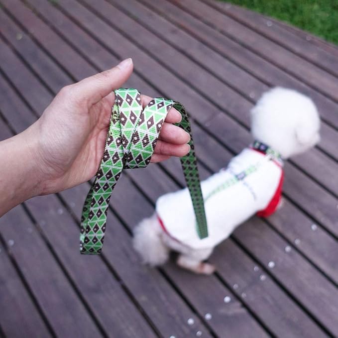 azuza Dog Collar and Leash Set, Adjustable Nylon Collar with Matching Leash, Green Diamond for Medium Dogs