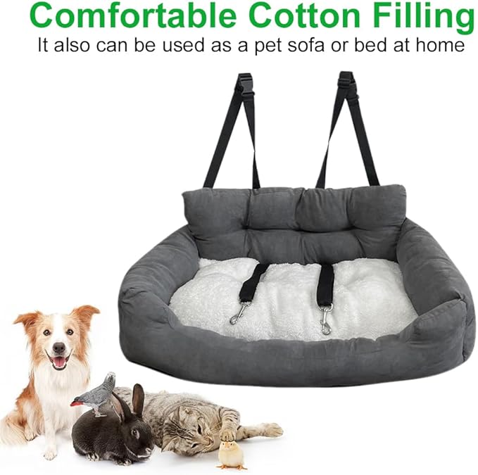 Dog Car Seat, Adjustable Safety Leash Pet Seat, Comfortable Cotton Fill for Small, Medium & Large Dogs Cats, Ideal for Cars, SUVs, Trucks & Home Use (Double)
