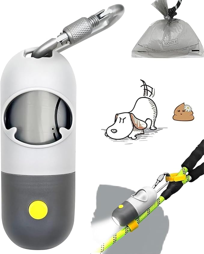 Dog Poop Bag Dispenser with Flashlight|Dog Poop Bag Holder with Leash Clip|Hands-Free Leash Holder with Straps and 1 Roll Waste Bags (Light Grey)