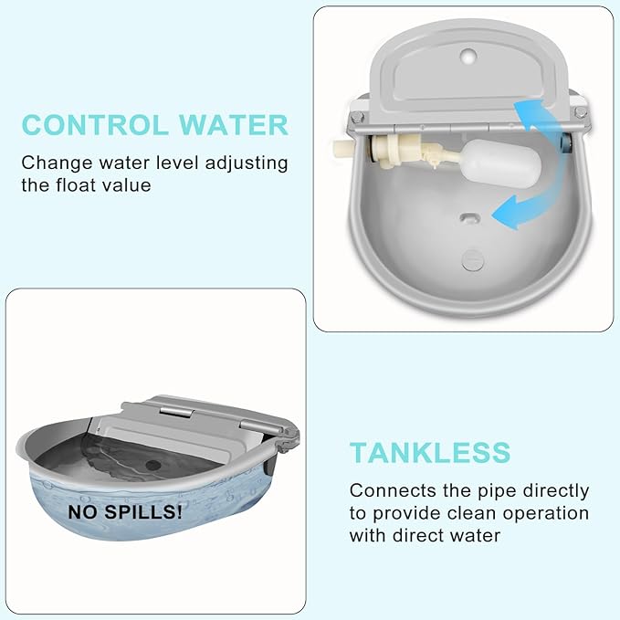 Automatic Animal Drinking Water Bowl,304 Stainless Steel Animal Waterer Kit with Float Valve,for Livestock,Horse,Dog,Goat,Pig,Chicken,2.5L 85 OZ Animals Drinking Water Trough