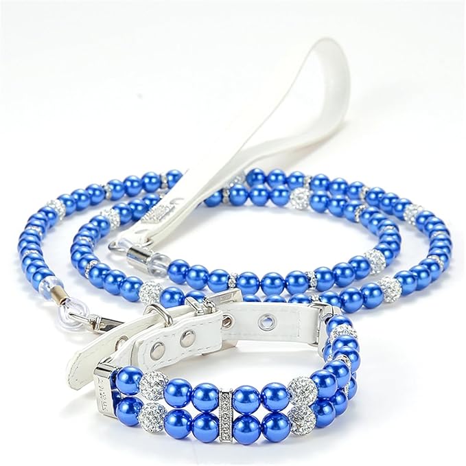Blue Beaded Dog Collars, Pearl Cat Collar Leash Set Pu Leather Puppy Necklace with Crystal Rhinestone Diamond for Girl Kitten XXSmall Small Medium Female Dogs Jewelry Wedding & Birthday Party, M