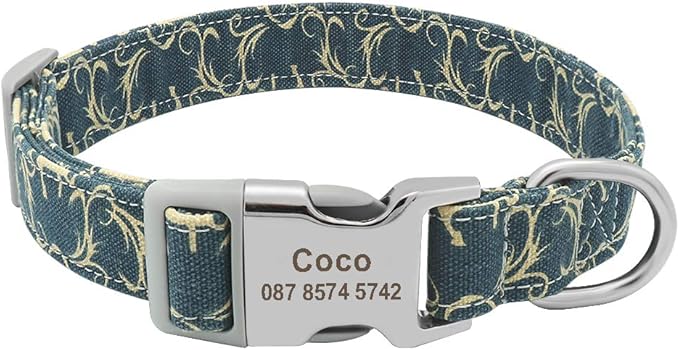 Custom Dog Collar Nylon Floral Engraved Pet Puppy Collar Print Personalized Name Collars for Small Medium Large Dogs Pitbull Blue 8 M